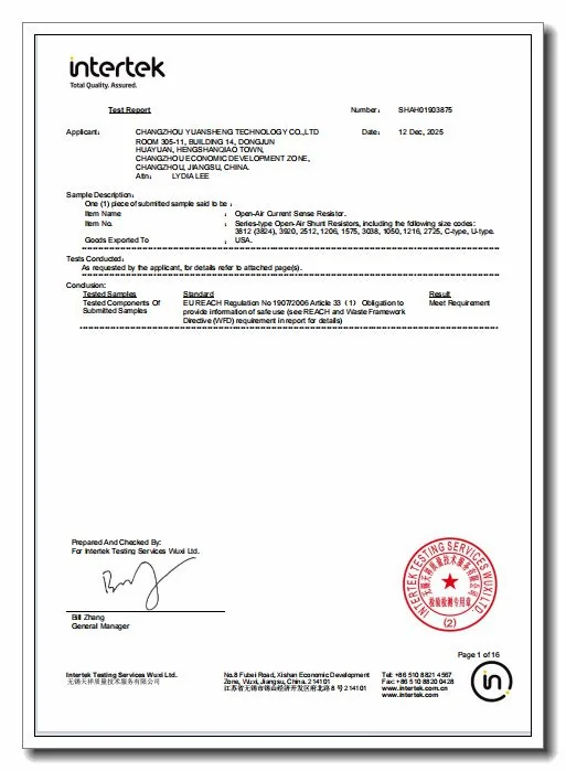 OHM Resistor REACH Compliance Certificate