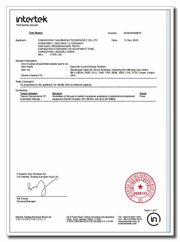RoHS compliance certificate for ohmResistor products
